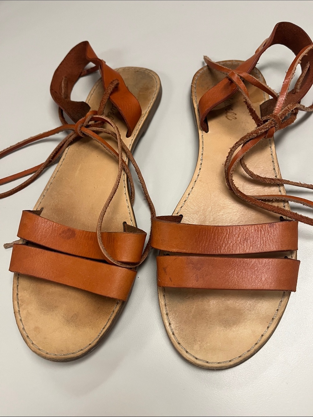 Madewell Women’s Orangey Tan Leather Lace-Up Flat Sandals size 10